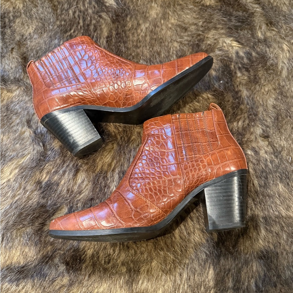 Mango Brown Crocodile Pattern Ankle Boots